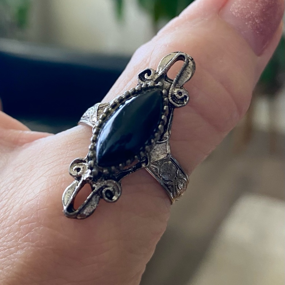 Adjustable Black Onyx Silver Ring art nouveau art deco large size